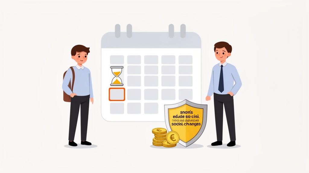 Illustratie van een student en een professional bij een kalender met zandloper, geld en sociale factoren.