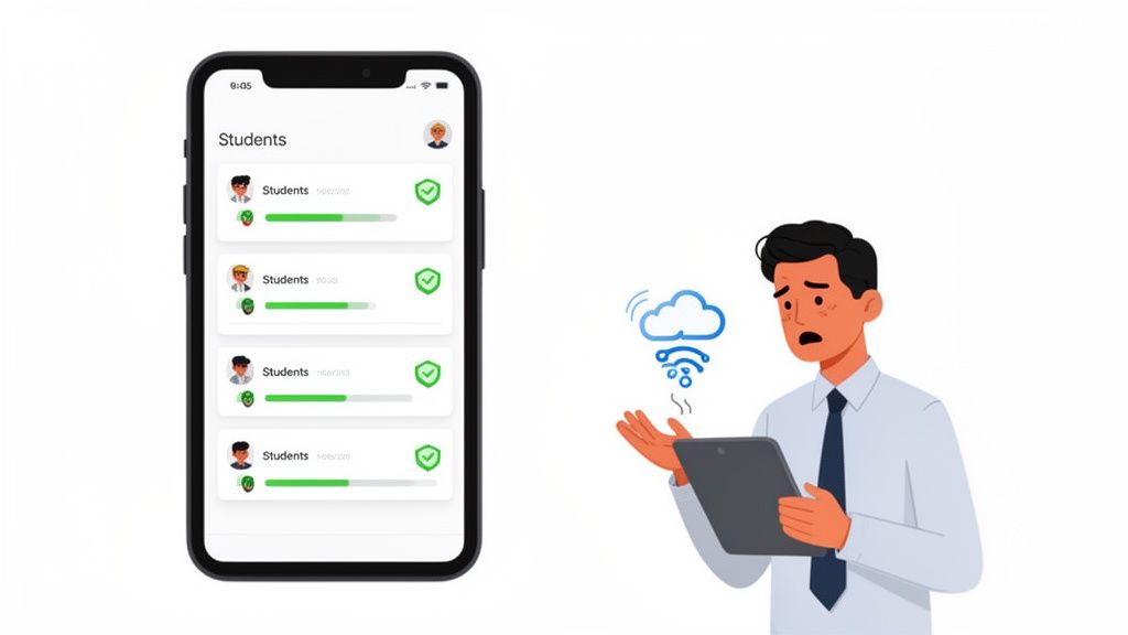 Een mobiele app toont een studentenlijst en voortgangsbalken, naast een man met tablet die connectiviteitsproblemen ervaart.