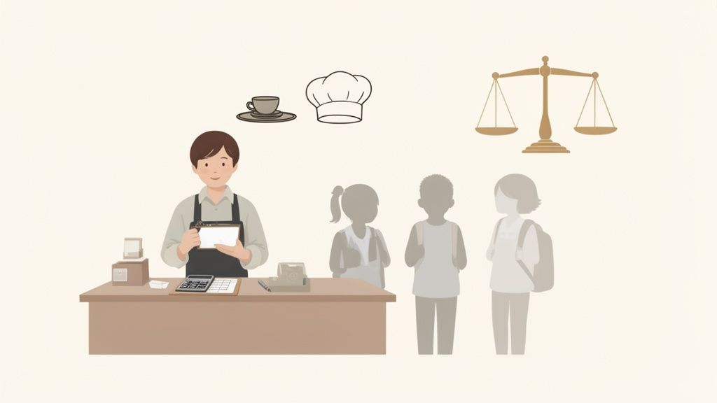 Illustratie van een student achter een kassa met horeca-symbolen en leerlingen, wat een studentenjob suggereert.