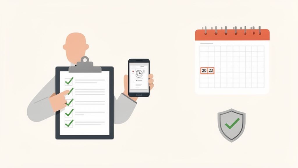 Illustratie van een persoon met checklist, smartphone, kalender (2023) en schild met vinkje.