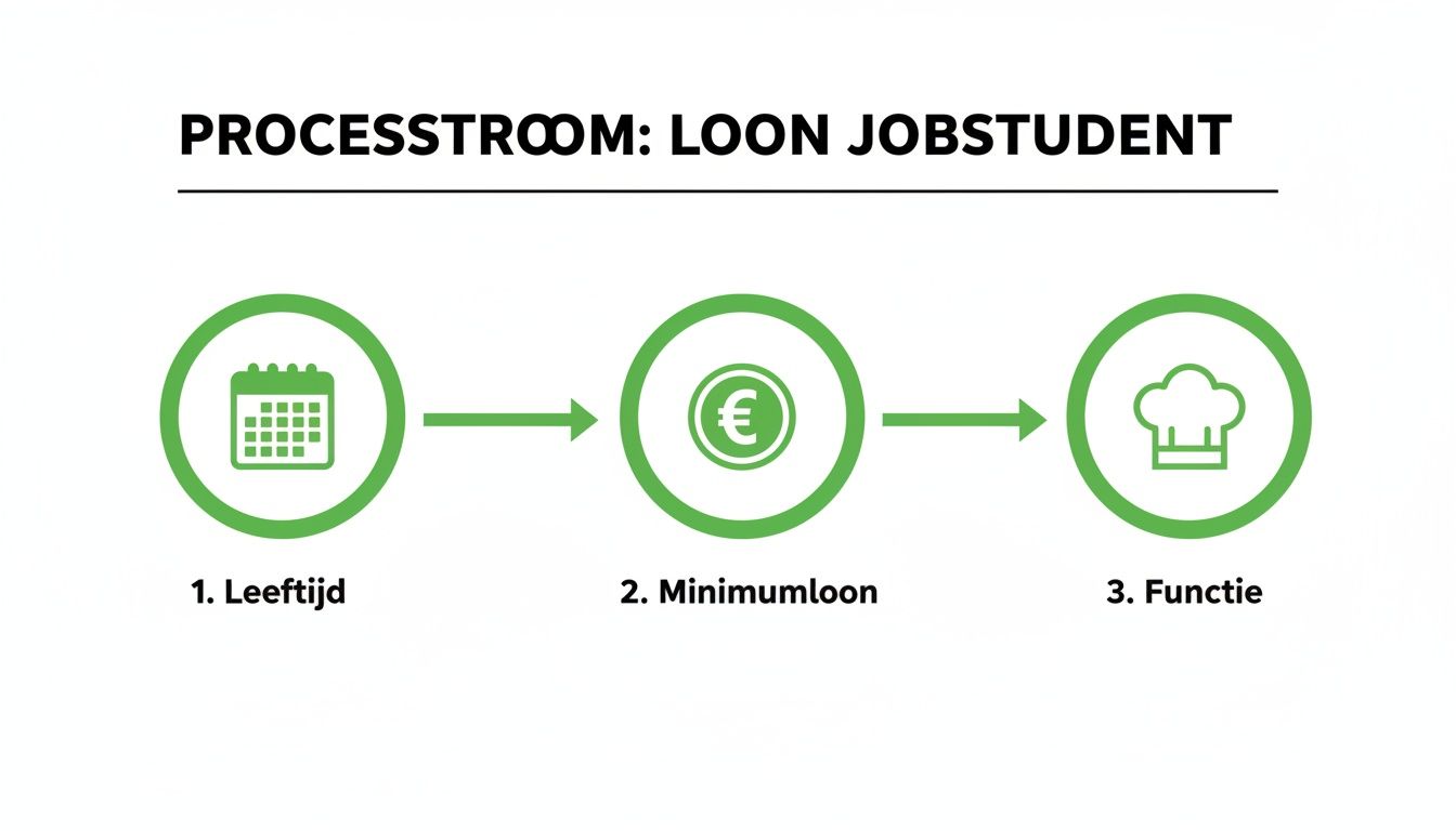 Visualisatie van de processtroom voor het loon van een jobstudent, gebaseerd op leeftijd, minimumloon en functie.