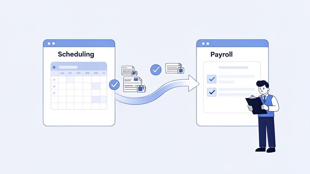 Illustratie van het digitale proces van personeelsplanning naar salarisverwerking, met een medewerker die gegevens controleert.