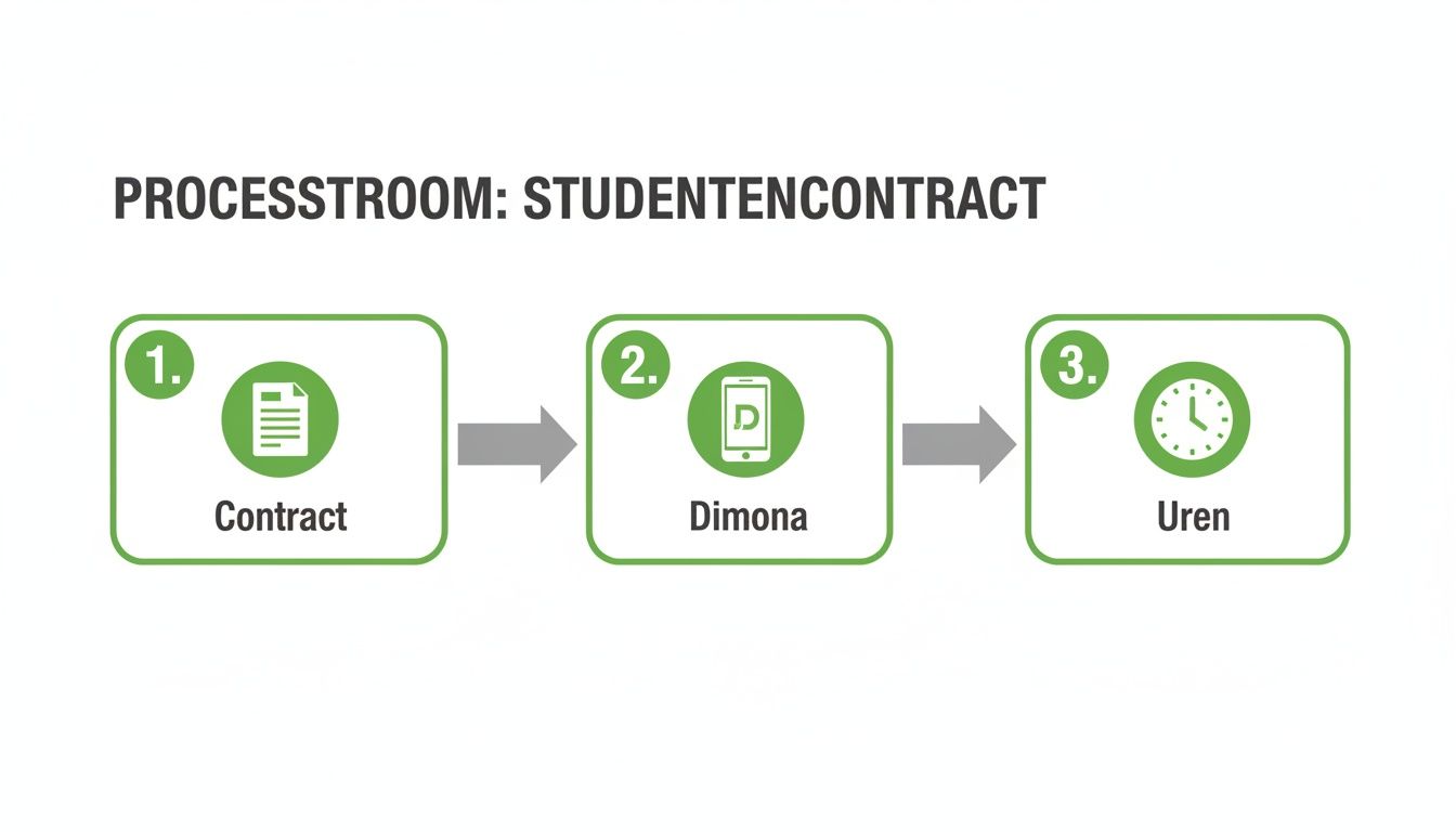 Een processtroomdiagram met drie stappen voor een studentencontract: Contract, Dimona en Uren.