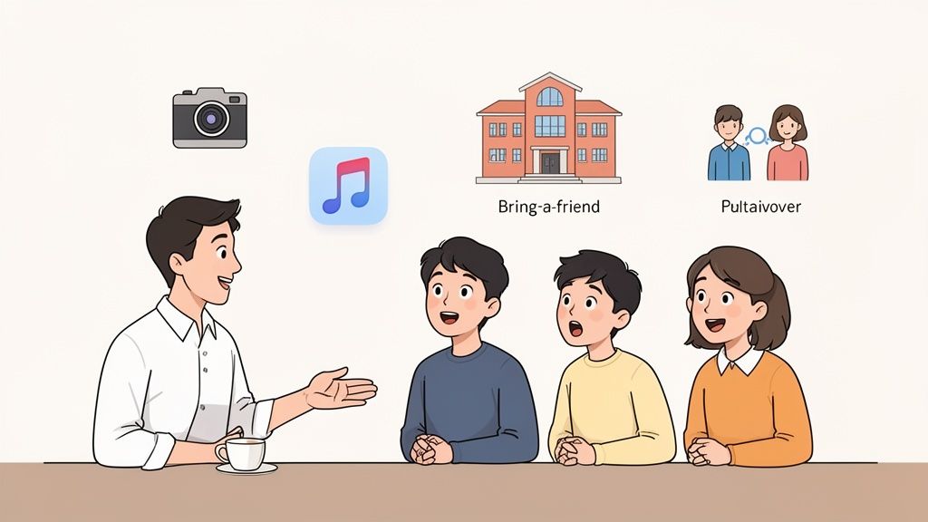 Een man spreekt drie jongeren toe aan tafel, met iconen van een camera, muziek, een school en twee mensen erboven.