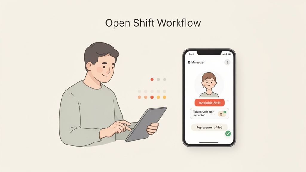 Illustratie van een man die een tablet gebruikt, verbonden met een smartphone-app voor het beheer van open diensten.