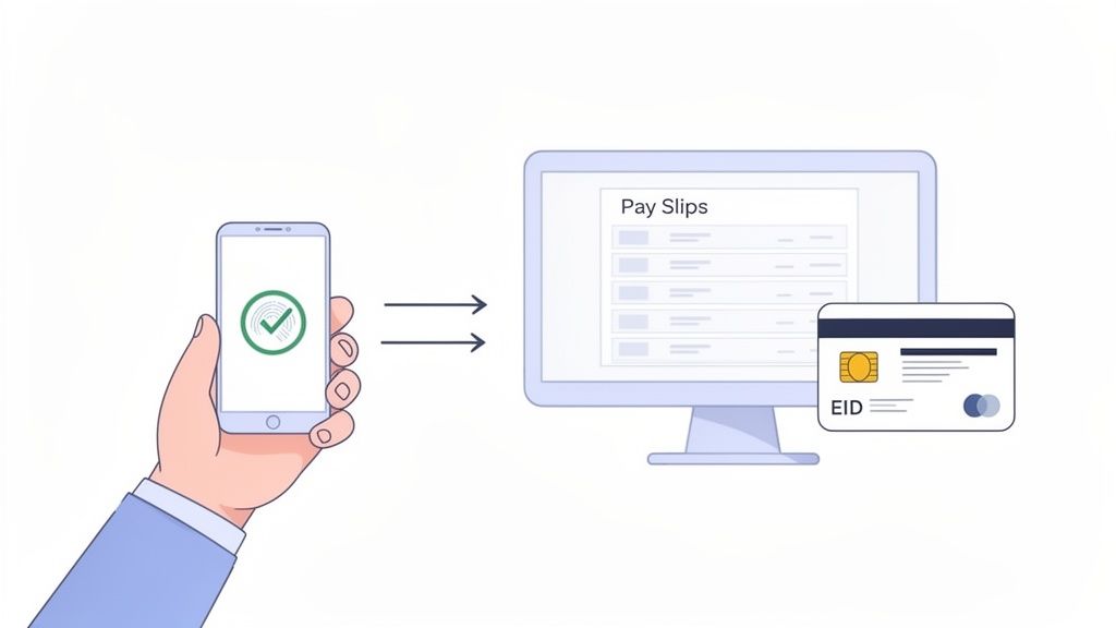 Hand met smartphone toont biometrische verificatie, die toegang geeft tot loonstrookjes op een monitor en een EID-kaart.