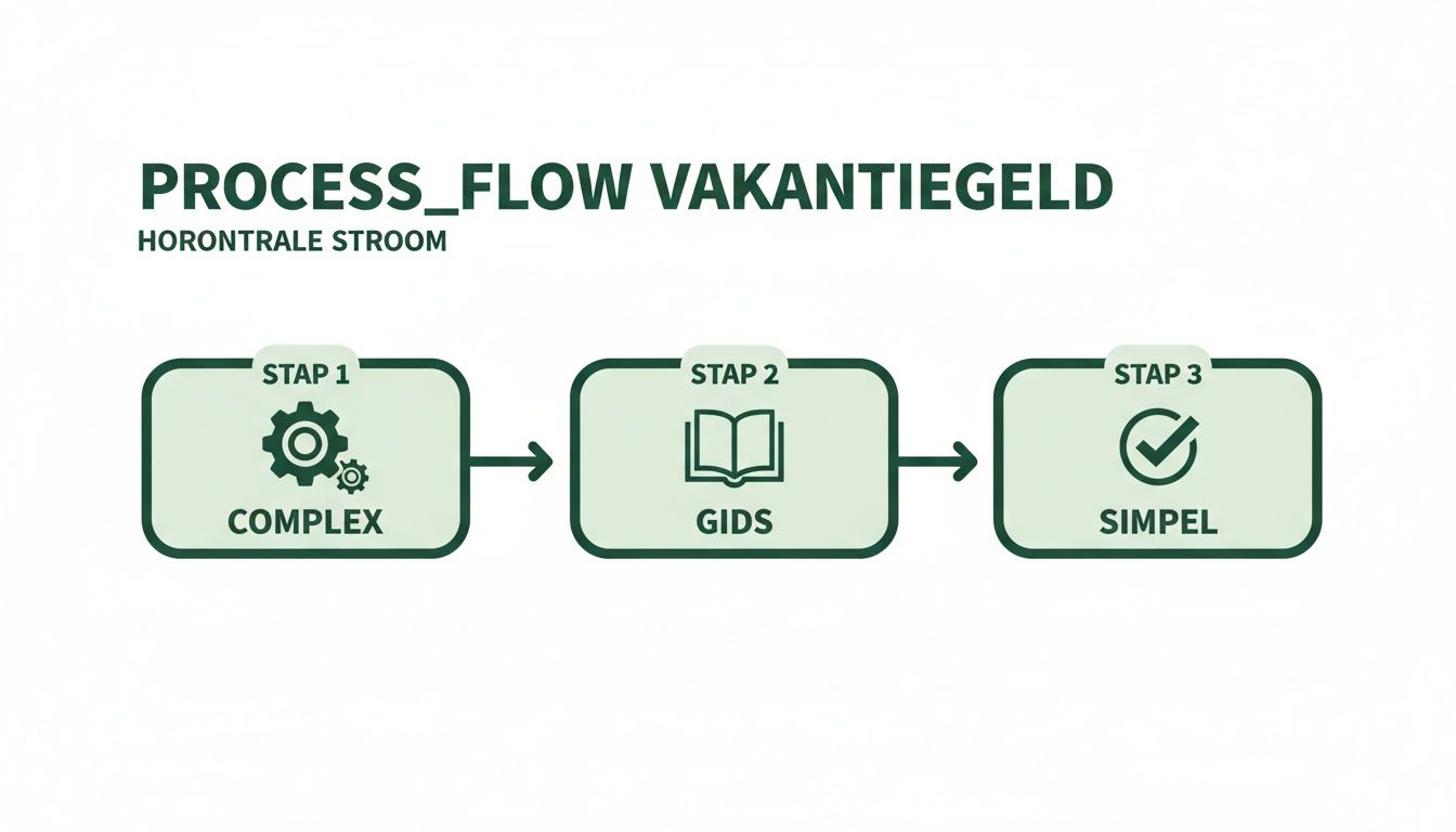 Een horizontale processtroom voor vakantiegeld met drie stappen: complex, gids en simpel, elk met een uniek icoon.
