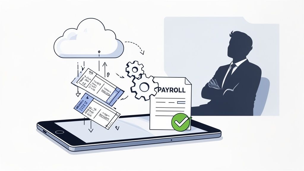 Illustratie van cloudgebaseerde salarisadministratie met tickets, tandwielen en een digitale loonstrook.