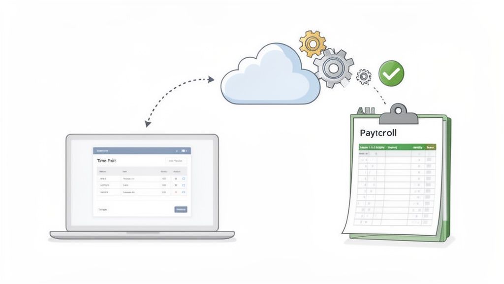 Diagram toont tijdregistratie via cloud en tandwielen naar salarisadministratieformulier, illustreert nettovakantiegeld berekenen.