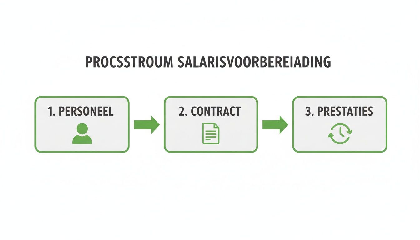 Een diagram toont de processtroom voor salarisvoorbereiding, met stappen voor personeel, contract en prestaties.