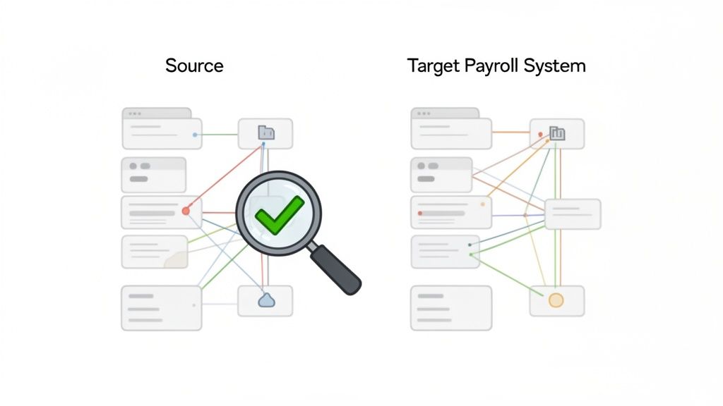 Visualisatie van gegevensstroom en verificatie tussen een bronsysteem en een doelpayrollsystem.