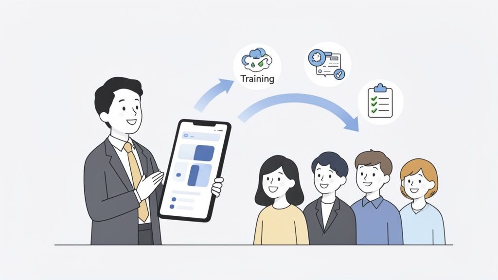 Een man presenteert een trainingsapp op een smartphone aan een groep mensen, met iconen voor training en taakbeheer.