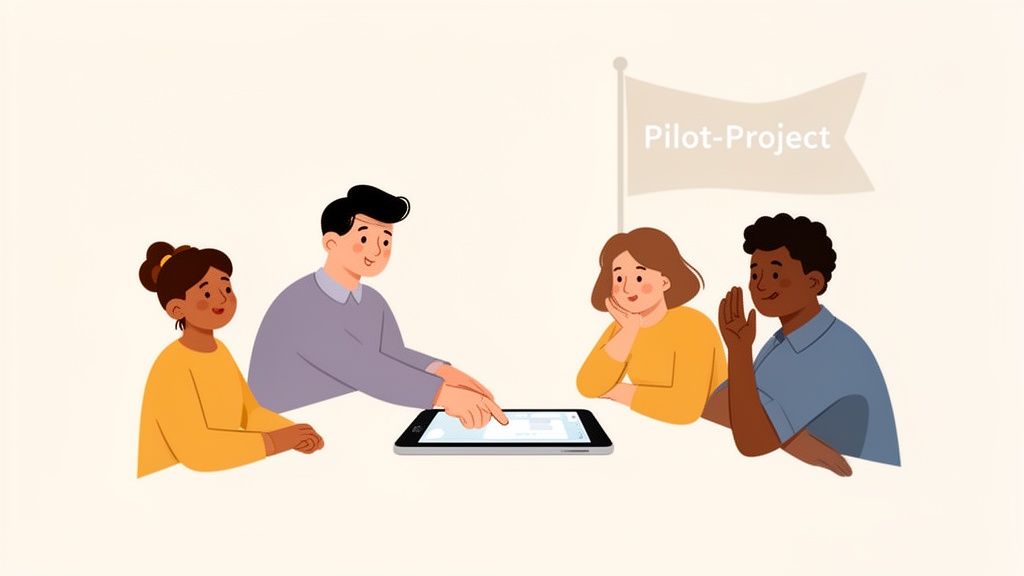 Een divers team van vier mensen werkt samen aan een 'Pilot-Project' met een tablet.