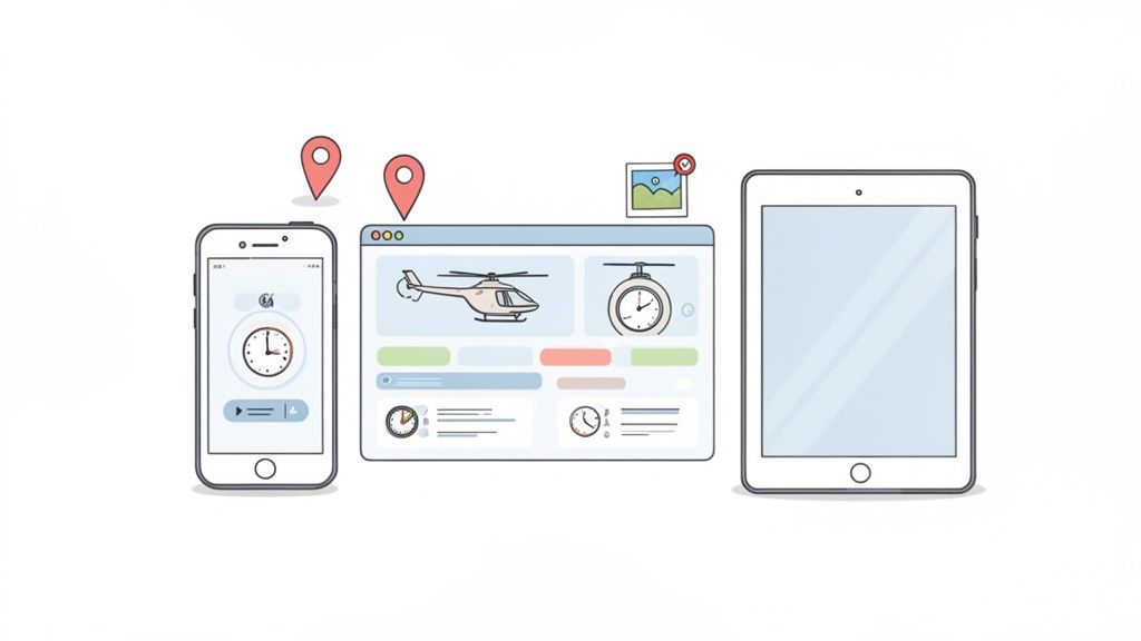 Illustratie van apparaten met tijdregistratie. Een smartphone, webbrowser met helikopter en een tablet zijn afgebeeld.