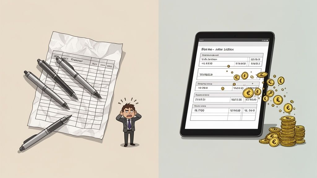 Een gestreste man met een papieren werkblad en pennen, tegenover een tablet met digitale financiële gegevens en euromunten.