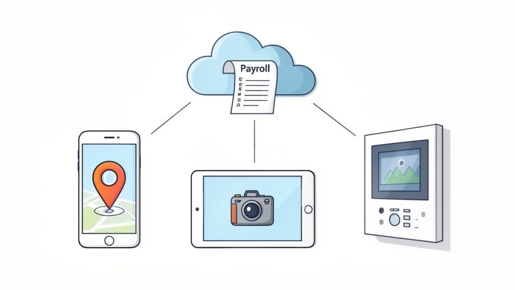Cloud met salarisadministratie gekoppeld aan telefoon met locatie, tablet met camera en wanddisplay.