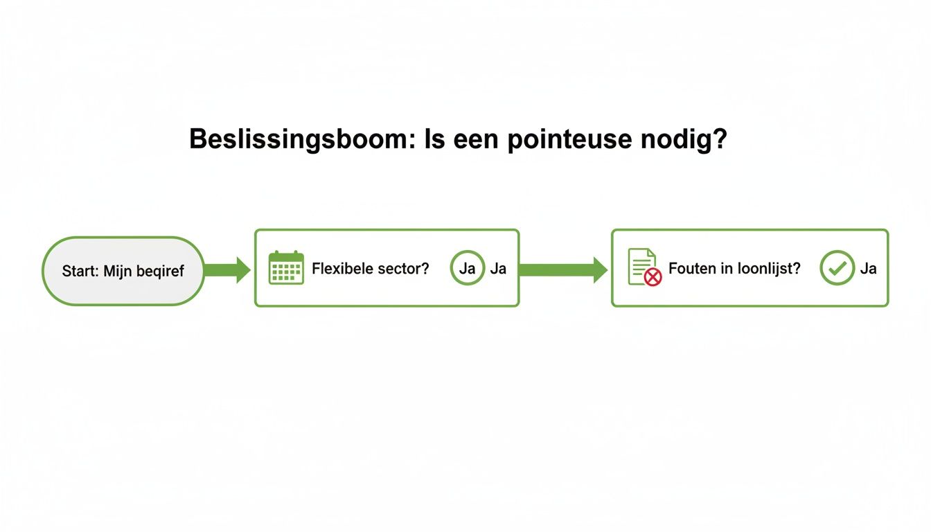 Flowchart voor beslissing pointeuse: start, flexibele sector en fouten in loonlijst.