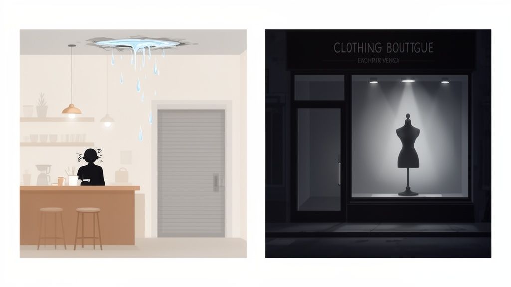 Twee beelden: een gefrustreerd persoon door een waterlek in het plafond en een paspop in een kledingboetiek.