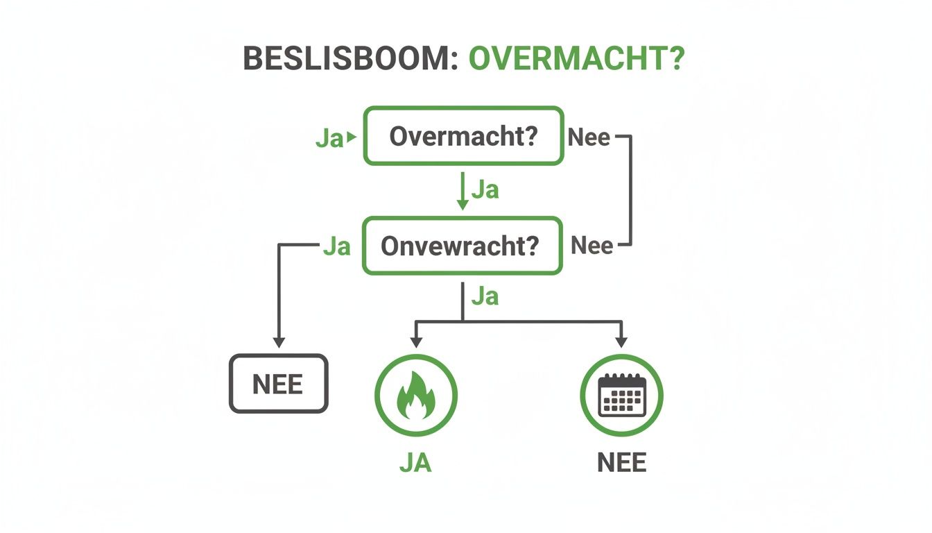 Beslisboom die stap voor stap bepaalt of er sprake is van overmacht, met vragen over overmacht en onvoorzienbaarheid.