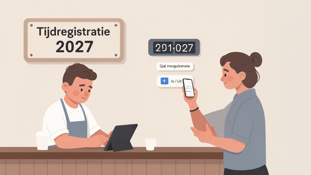 Twee mensen gebruiken digitale tools voor tijdregistratie in 2027, zichtbaar op een bord en schermen.