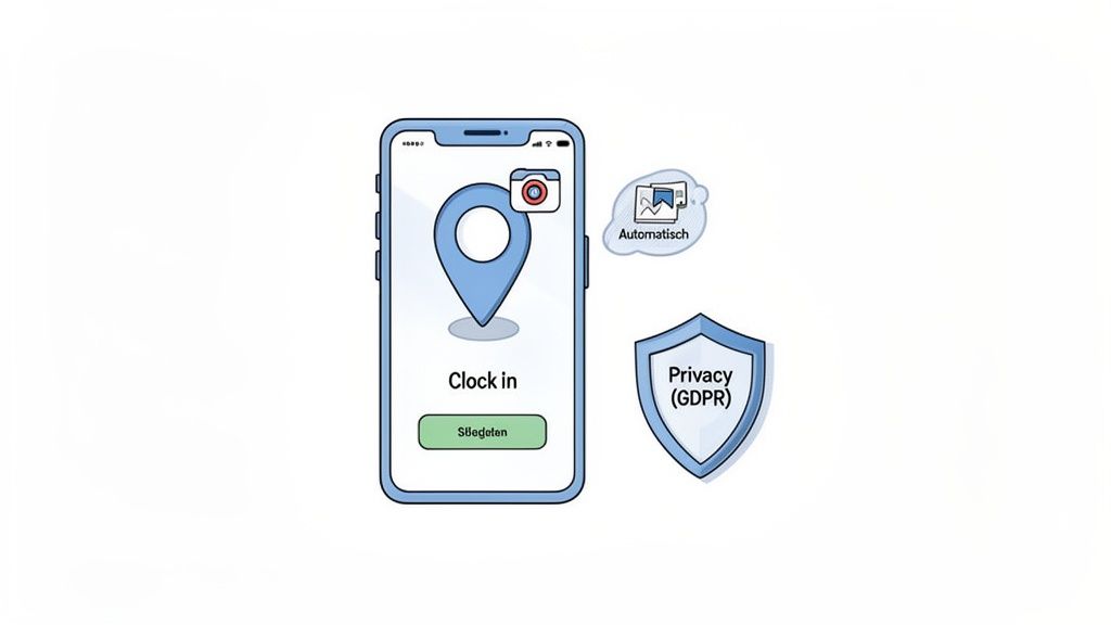 Mobiele app toont tijdregistratie met klok-in, locatie en camera. Automatische opties en GDPR-privacy gewaarborgd.