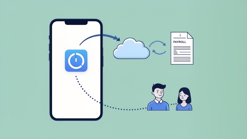 Een smartphone-app verbindt met de cloud voor salarisadministratie en tijdregistratie van werknemers.
