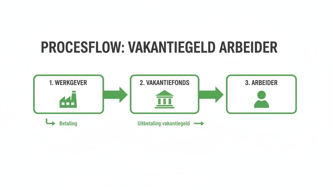Een procesflowdiagram dat de stroom van vakantiegeld van werkgever via vakantiefonds naar de arbeider visualiseert.