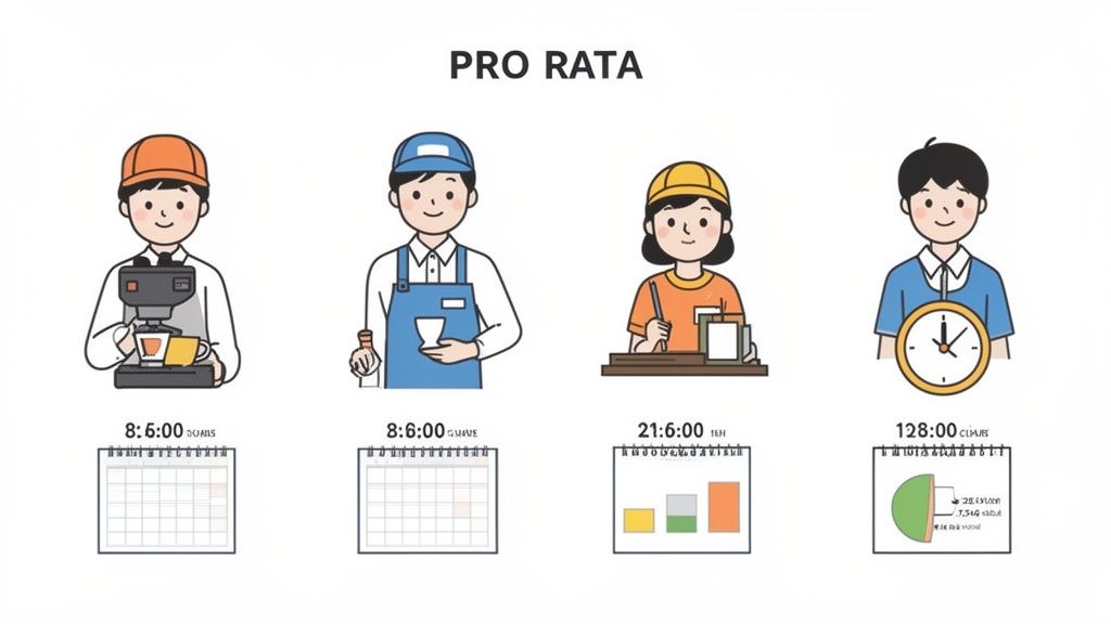 Vier stripfiguren die verschillende beroepen en werktijden met pro rata berekeningen en grafieken tonen.