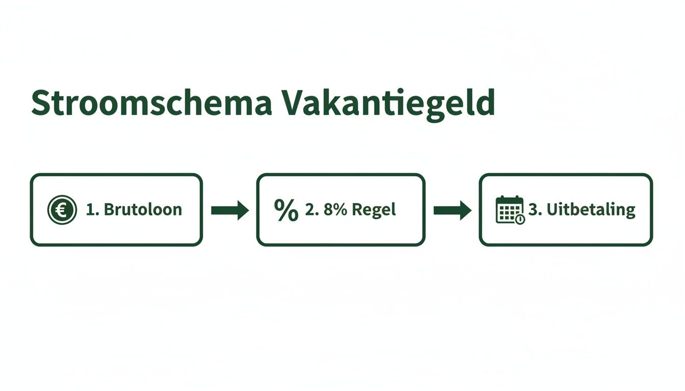 Stroomschema dat de berekening van vakantiegeld in Nederland illustreert, van brutoloon via 8% regel naar uitbetaling.