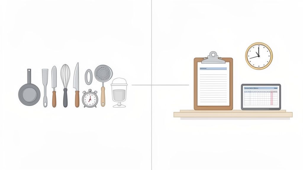 Een afbeelding met keukenbenodigdheden aan de linkerkant en administratieve hulpmiddelen aan de rechterkant.