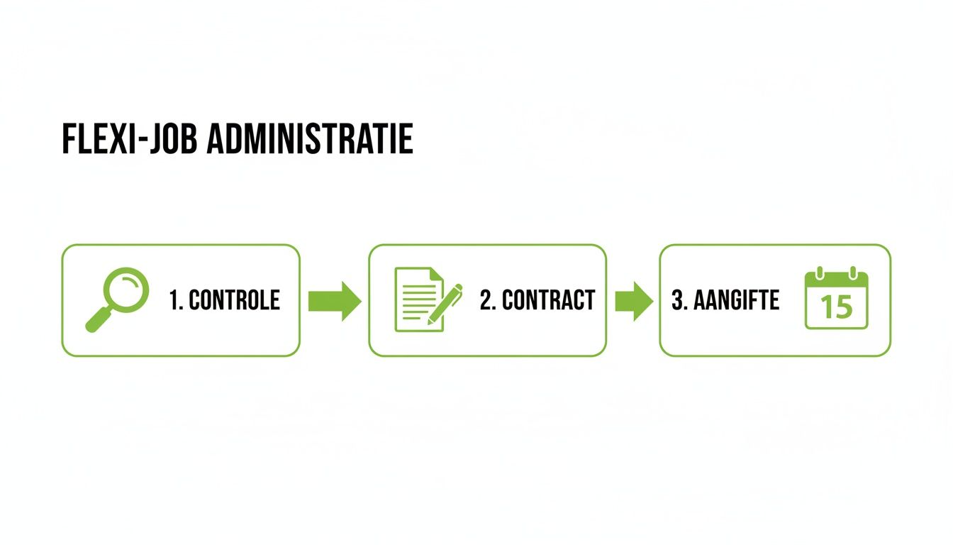 Een schema toont de flexi-job administratie procedure met stappen: controle, contract en aangifte op de 15e.