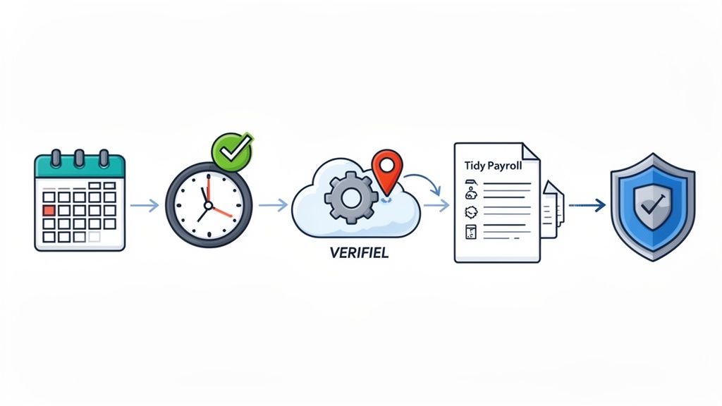Illustratie van een geautomatiseerd en beveiligd proces voor tijdregistratie, cloudverificatie en salarisadministratie.