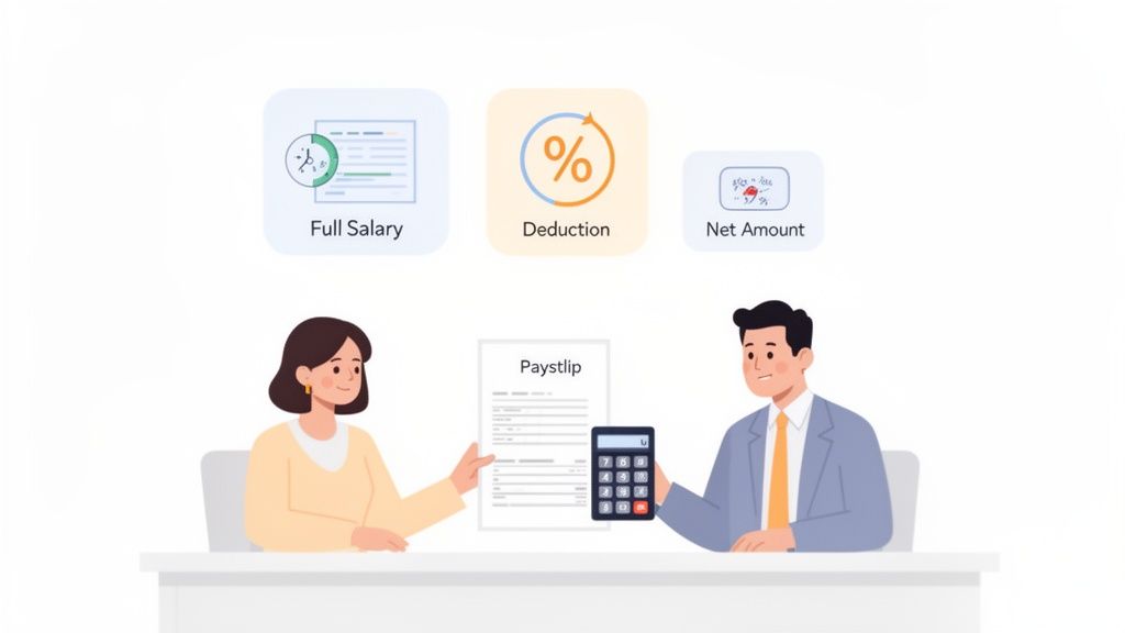 Illustratie van twee mensen die een loonstrookje en rekenmachine bekijken, met pictogrammen voor brutoloon, inhoudingen en nettoloon.