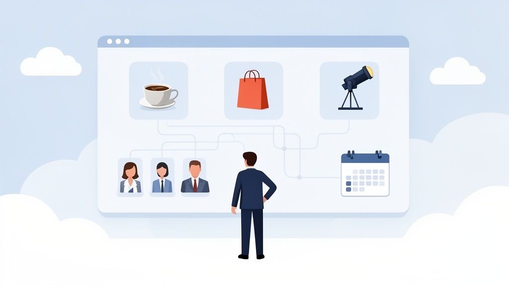 Een persoon kijkt naar een digitaal scherm met verbonden iconen van koffie, winkelen, observatie, agenda en gebruikers.