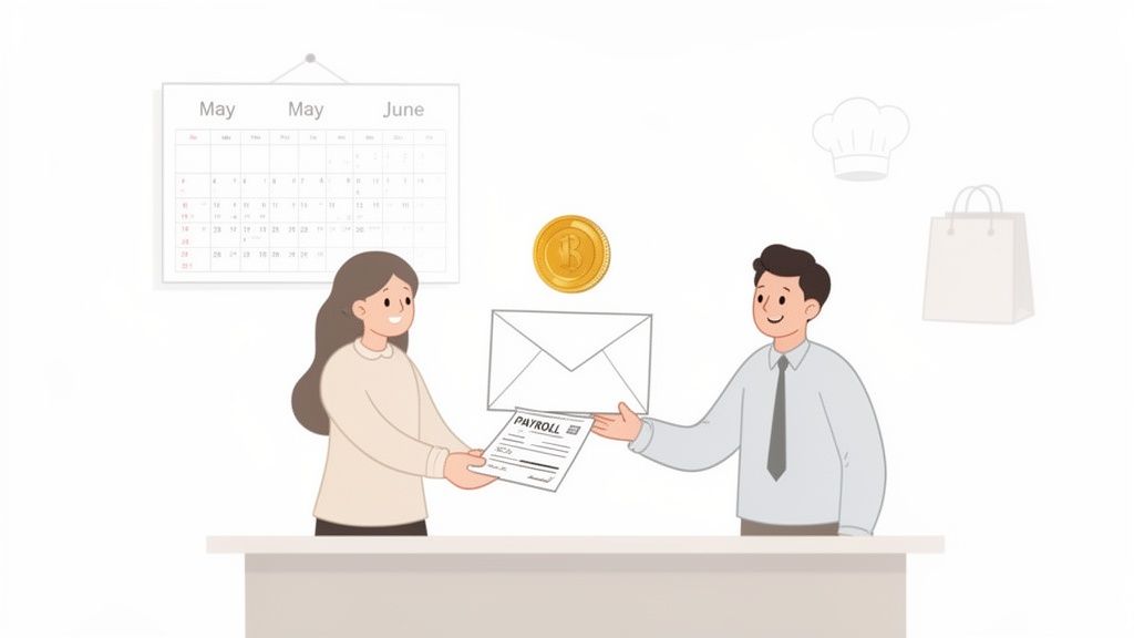 Een vrouw overhandigt een salarisstrook aan een man, met een kalender en munt op de achtergrond.