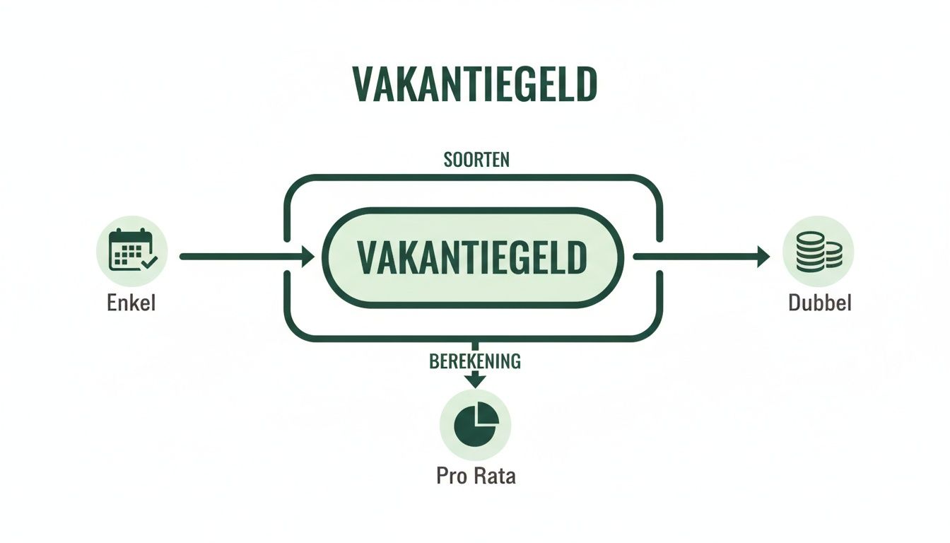 Infographic die de soorten vakantiegeld (Enkel, Dubbel) en de berekeningswijze (Pro Rata) uitlegt.