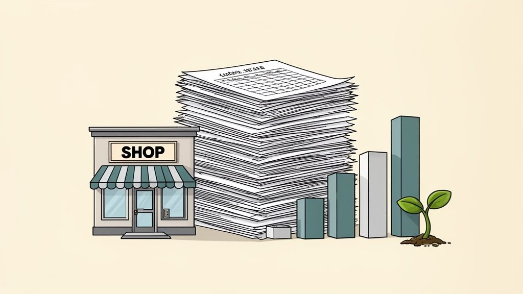 Een illustratie van een winkel, een stapel papieren, staafdiagrammen en een groeiend plantje, symboliseert bedrijfsgroei en planning.