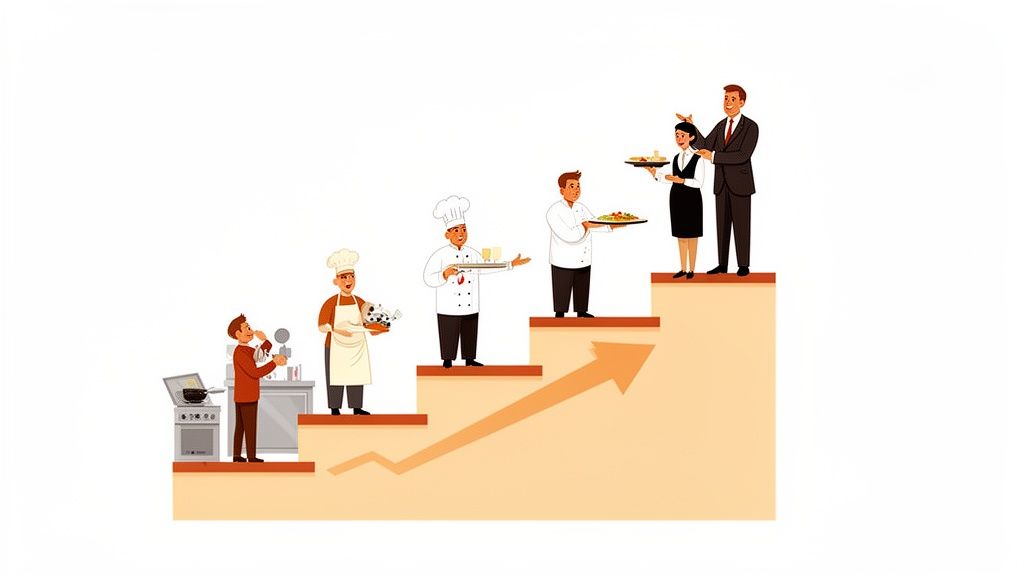 Mensen in de horeca die stappen zetten in hun carrière, gesymboliseerd door een trap met een opwaartse pijl.