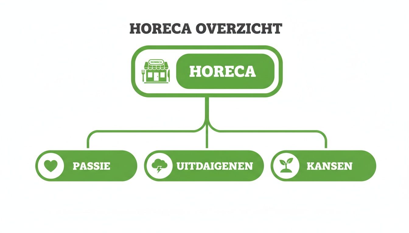 Een overzicht van de horecasector met kernpunten zoals passie, uitdagingen en kansen, gepresenteerd in een groen diagram.