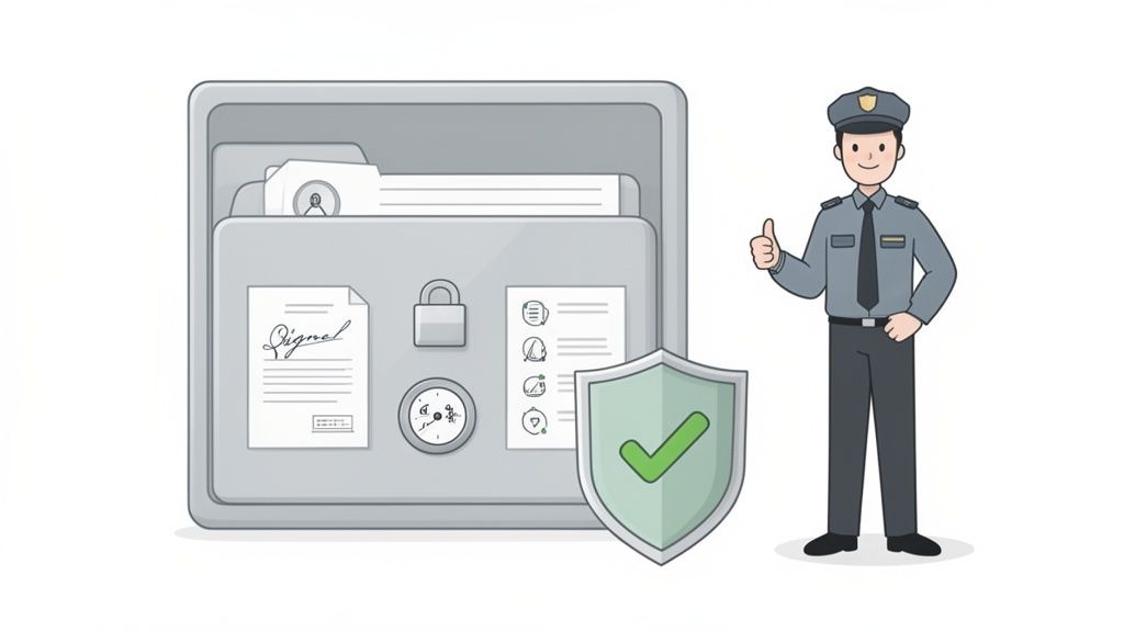 Een beveiliger staat naast een kluis met belangrijke documenten en een schild met vinkje, wat documentbeveiliging en betrouwbaarheid symboliseert.