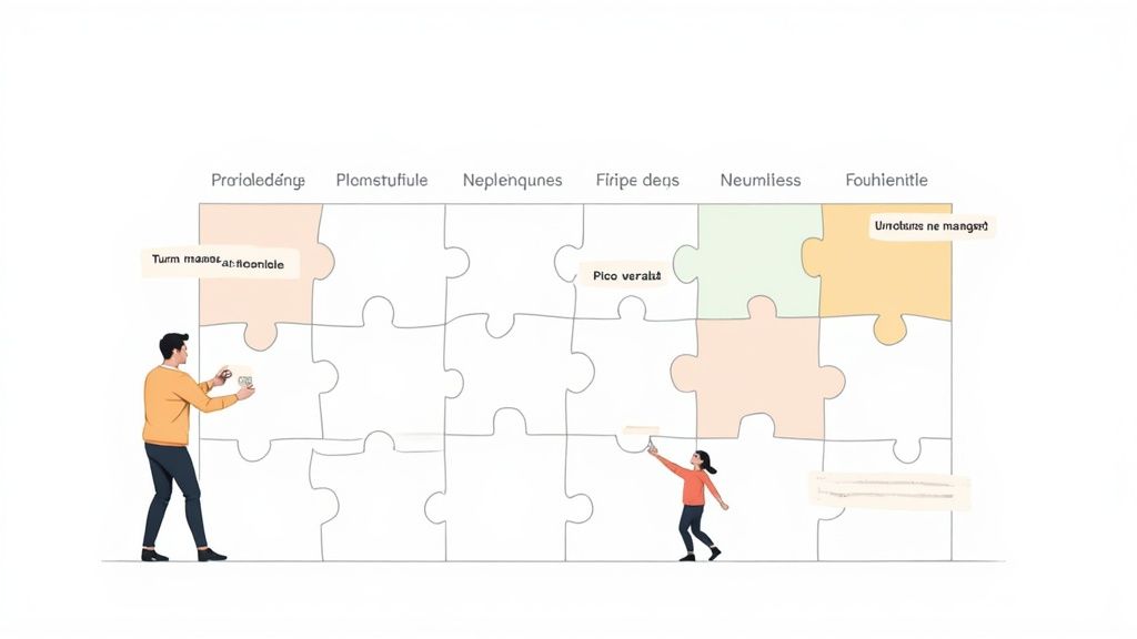 Dos personas, un hombre y una mujer, colaboran para armar un rompecabezas grande con piezas de colores.