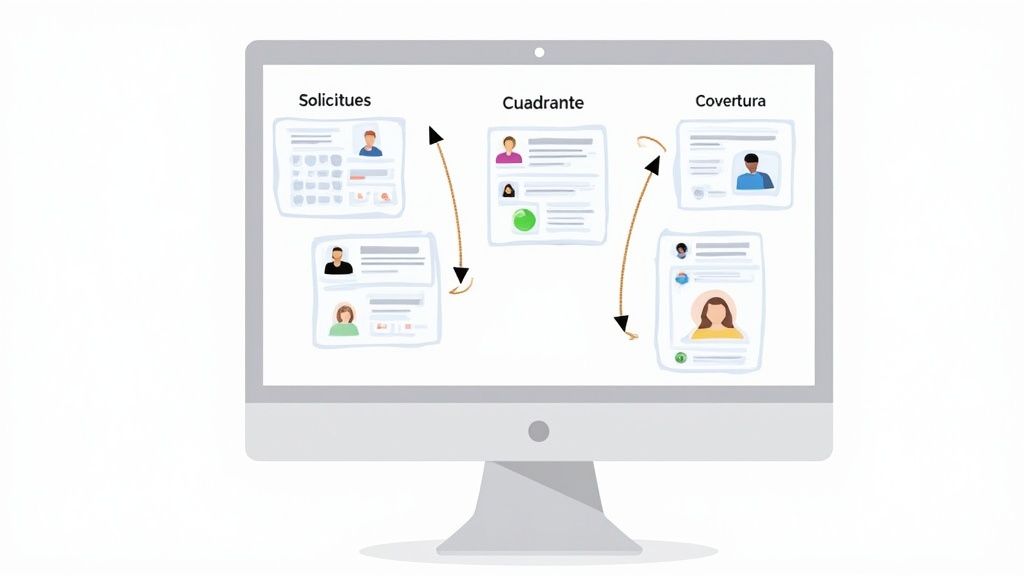 Pantalla de ordenador mostrando un flujo de trabajo entre solicitudes, cuadrante y cobertura con perfiles de personas.