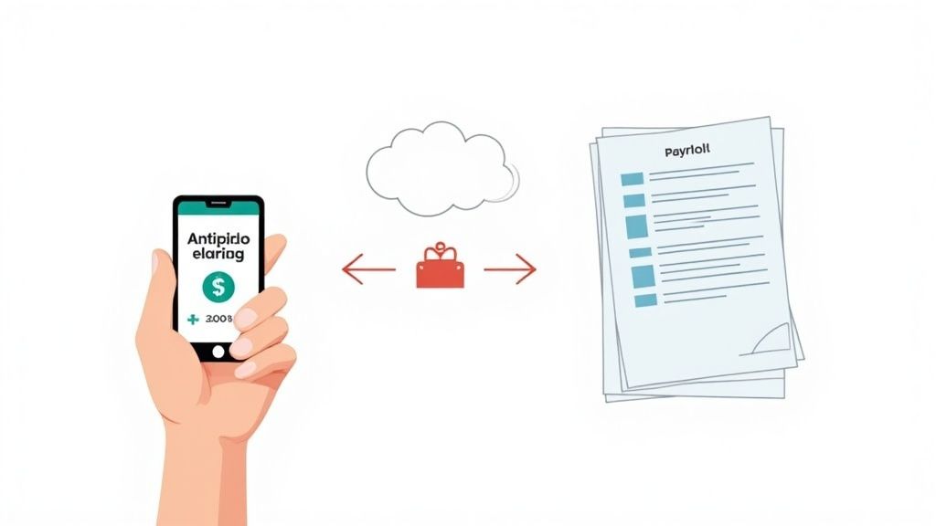 Ilustración de una mano sosteniendo un móvil para adelantos de nómina, conectado a un sistema de gestión de pagos.