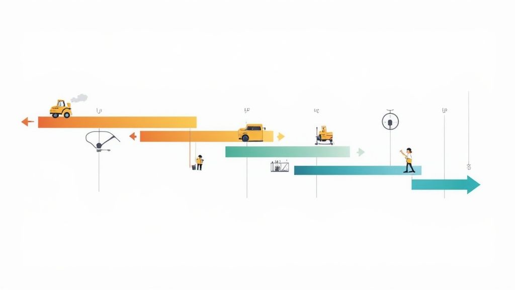 Cronograma visual con etapas de un proceso. Muestra vehículos, personas y equipo avanzando sobre barras de colores.
