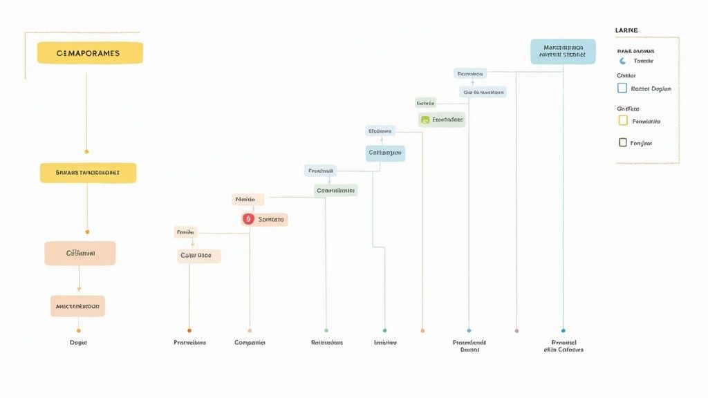 Una imagen que muestra múltiples diagramas de flujo y cronogramas, con diferentes niveles de jerarquía y conexiones visuales.