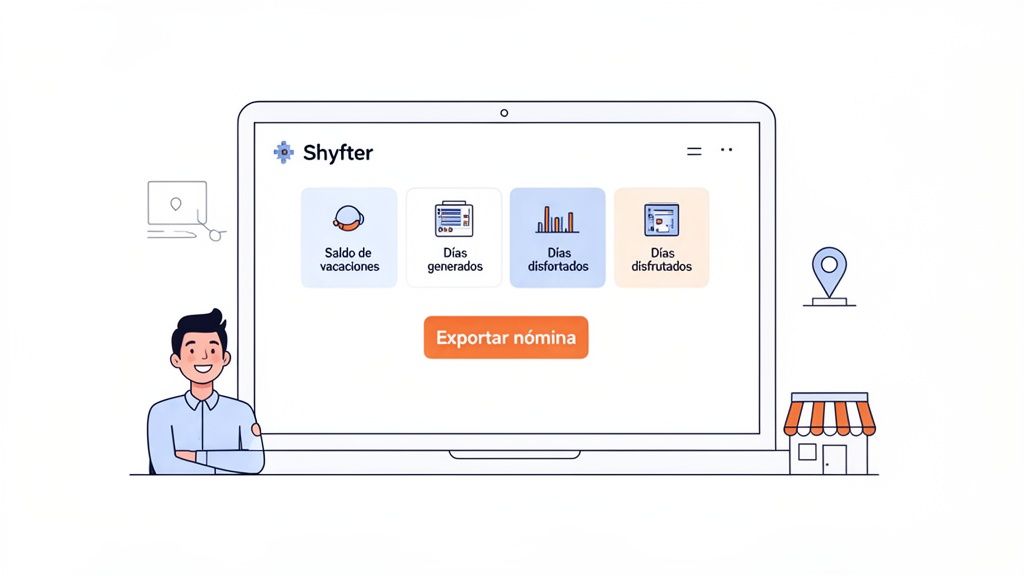Pantalla de Shyfter mostrando el saldo de vacaciones, días generados y disfrutados, con opción de exportar nómina.