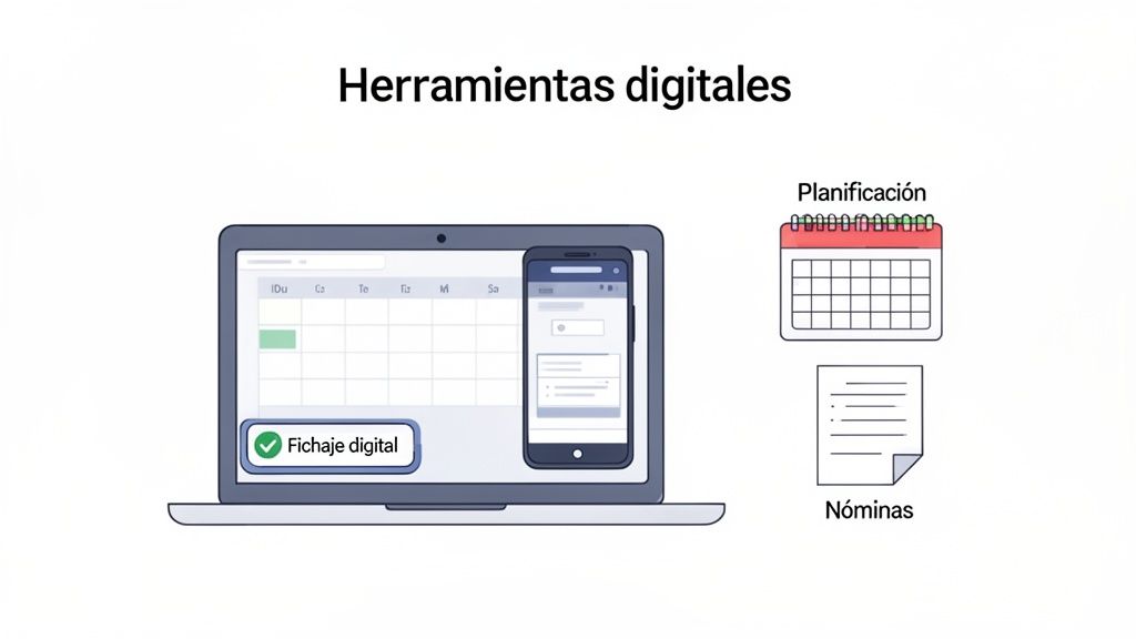 Imagen que muestra herramientas digitales para planificación, fichaje digital y gestión de nóminas en dispositivos.