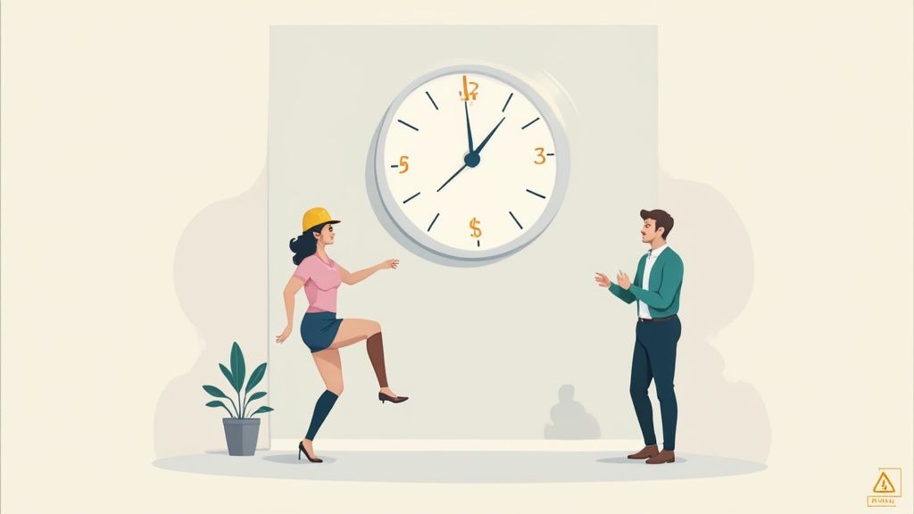 Una mujer trabajadora y un hombre frente a un gran reloj con símbolos inusuales, representando tiempo y esfuerzo.