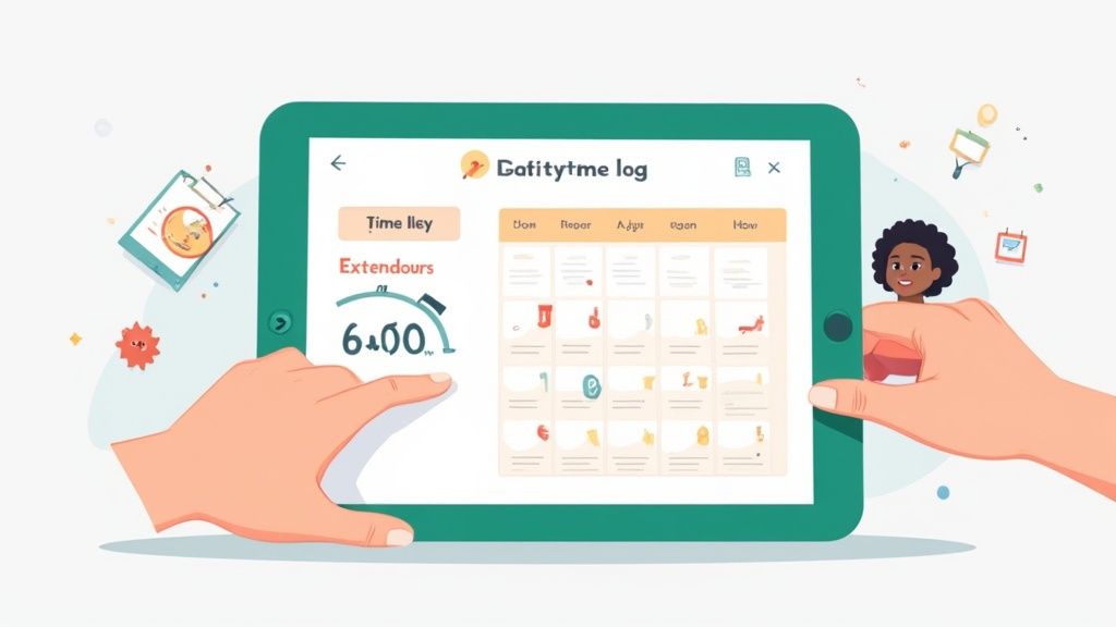 Manos interactuando con una tablet que muestra una aplicación de registro de tiempo con un medidor de 6:00.