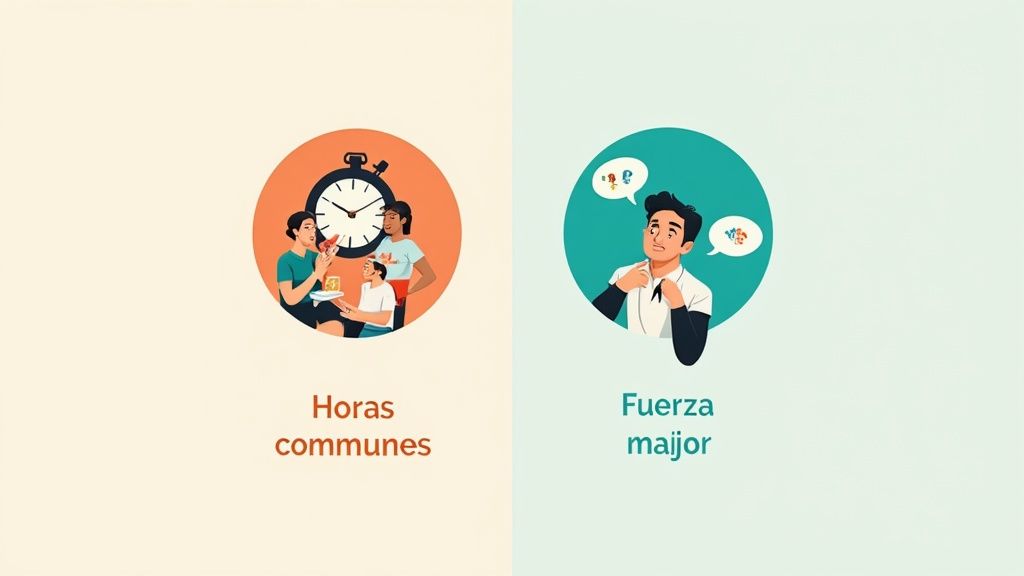 Ilustración comparativa mostrando horas communes con familia y fuerza major laboral en círculos separados